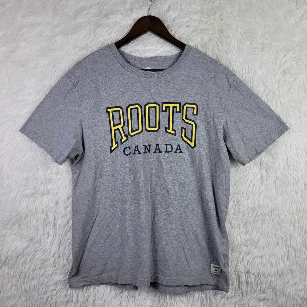 Roots Canada Mens L Gray Graphic Print T-Shirt Varsity Casual Athleisure Classic